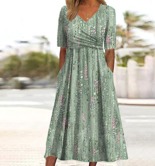 Elegant Floral Maxi Dress for Women - A-Line Summer Dresses - Green / 3XL