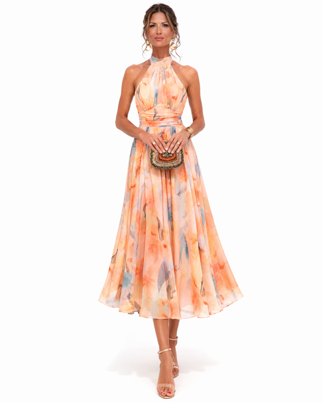 Women's Summer Maxi Dress with Halter Neck and Watercolor Print - Elegant Summer Dresses for Special Occasions - XS