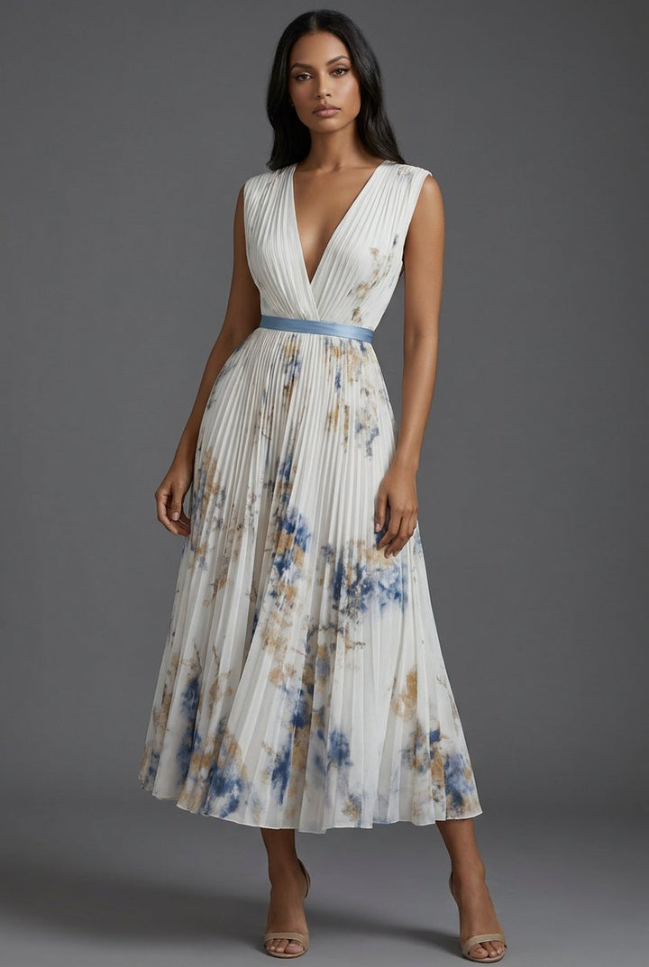 Amelie | Mother of the Bride Dress Midi Floral Dress with Deep V-Neck and Pleated Skirt 2