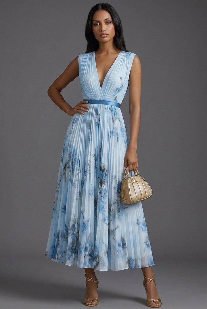 Amelie | Mother of the Bride Dress Midi Floral Dress with Deep V-Neck and Pleated Skirt 3
