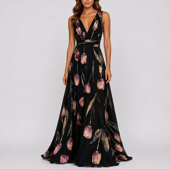 Annika | Women's Floral Maxi Wedding Dress Guest Deep V-Neck Chiffon 2