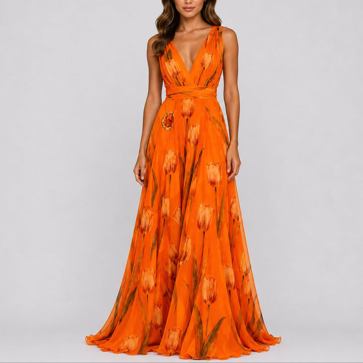 Annika | Women's Floral Maxi Wedding Dress Guest Deep V-Neck Chiffon 3