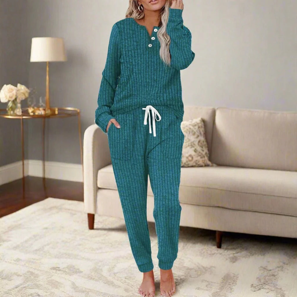 Annika | Women's Two-Piece Loungewear Set, Long Sleeve, Ribbed Texture, Drawstring 1