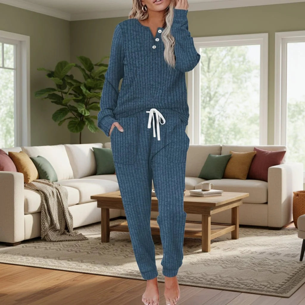 Annika | Women's Two-Piece Loungewear Set, Long Sleeve, Ribbed Texture, Drawstring 12