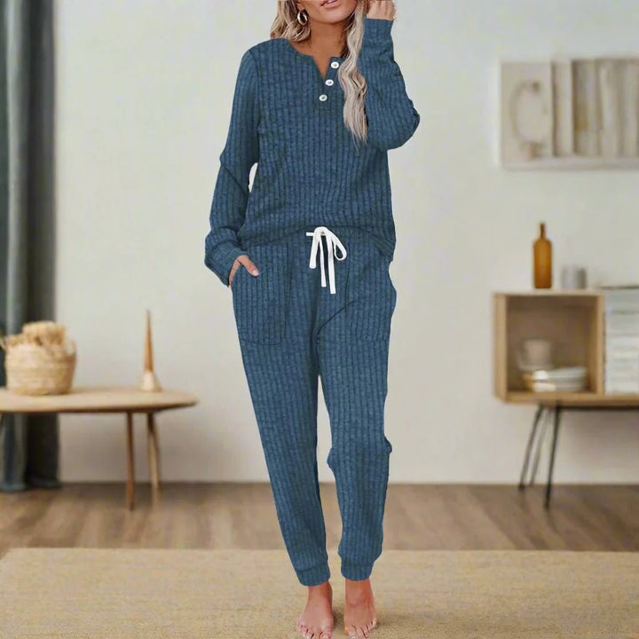 Annika | Women's Two-Piece Loungewear Set, Long Sleeve, Ribbed Texture, Drawstring 5