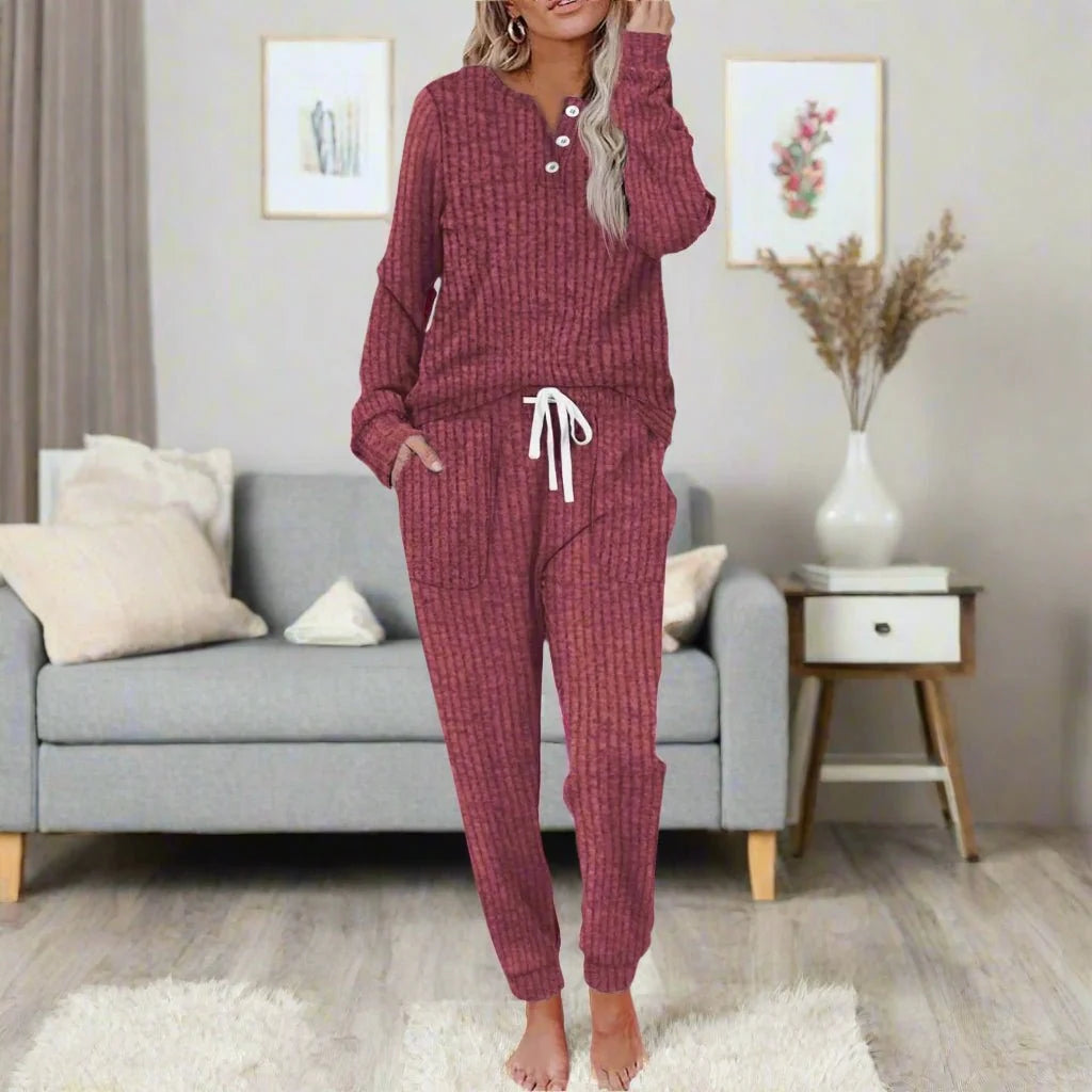 Annika | Women's Two-Piece Loungewear Set, Long Sleeve, Ribbed Texture, Drawstring 6