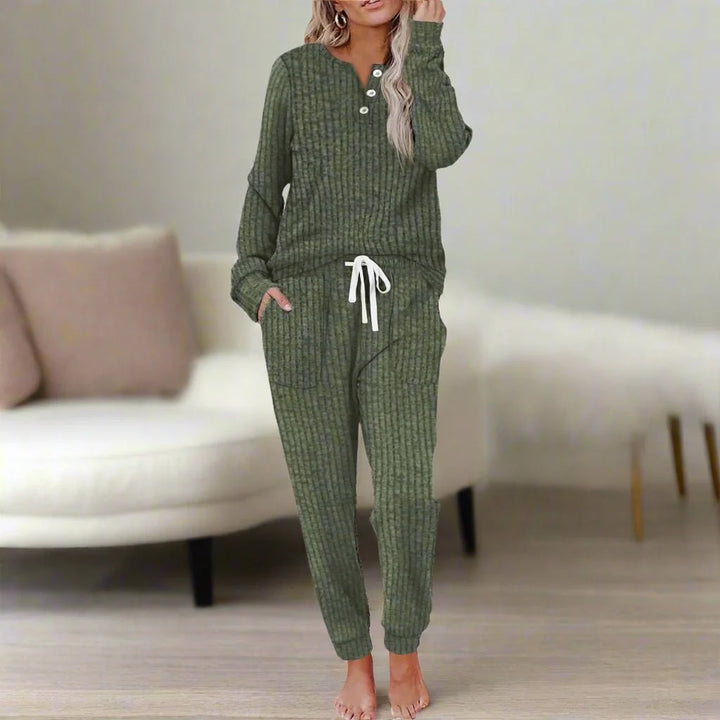 Annika | Women's Two-Piece Loungewear Set, Long Sleeve, Ribbed Texture, Drawstring 7