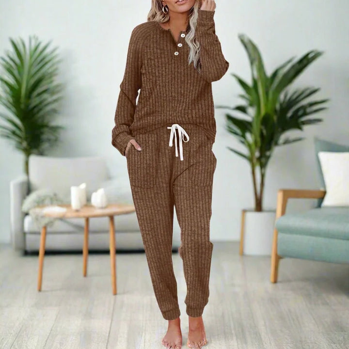 Annika | Women's Two-Piece Loungewear Set, Long Sleeve, Ribbed Texture, Drawstring 8