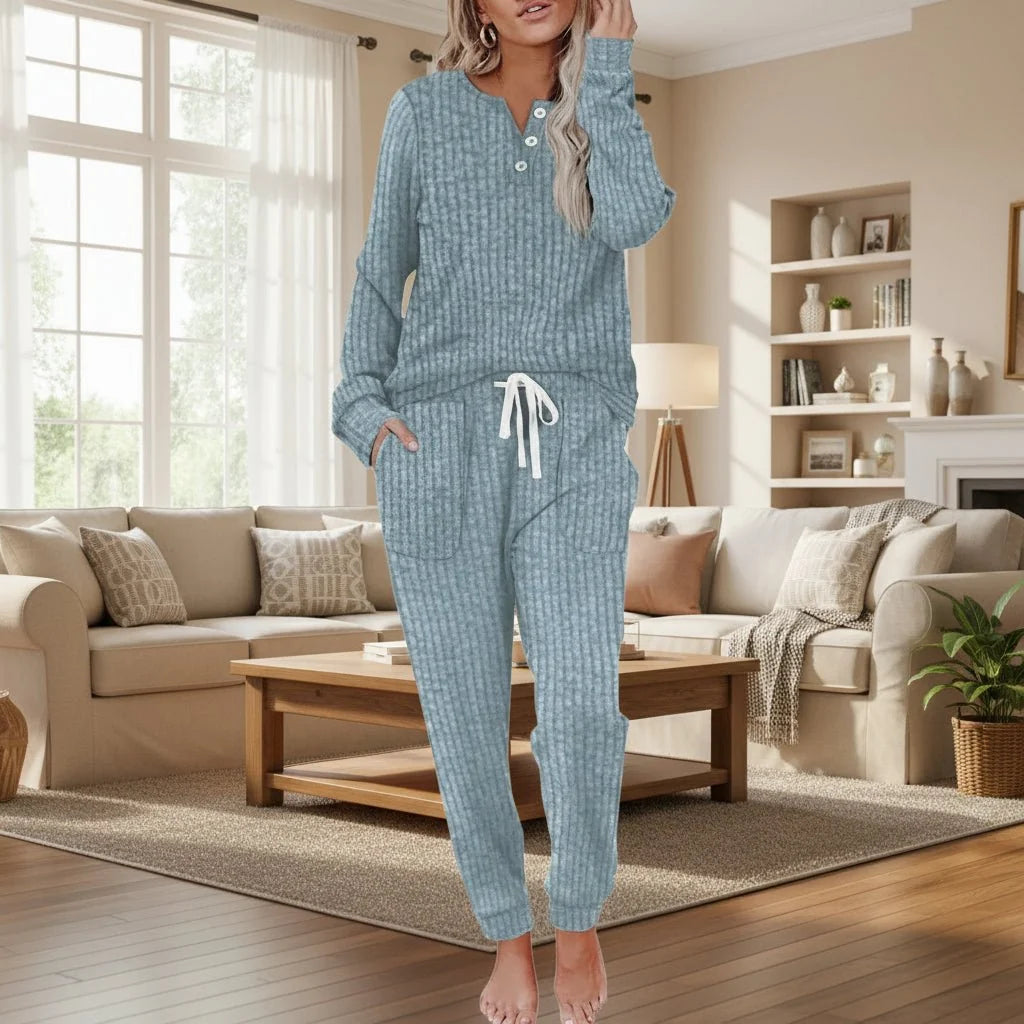 Annika | Women's Two-Piece Loungewear Set, Long Sleeve, Ribbed Texture, Drawstring 9