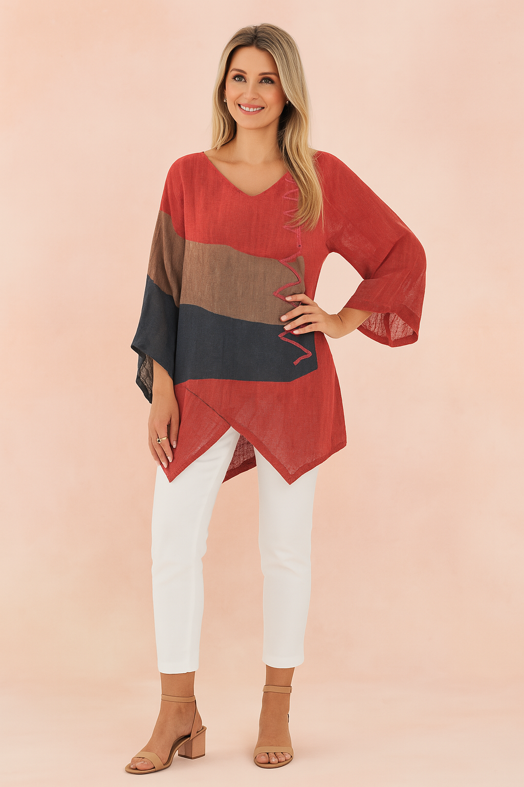 Asymmetric Women's Tunic Top with V-Neck and Decorative Detail for Casual and Semi-Formal Wear 0