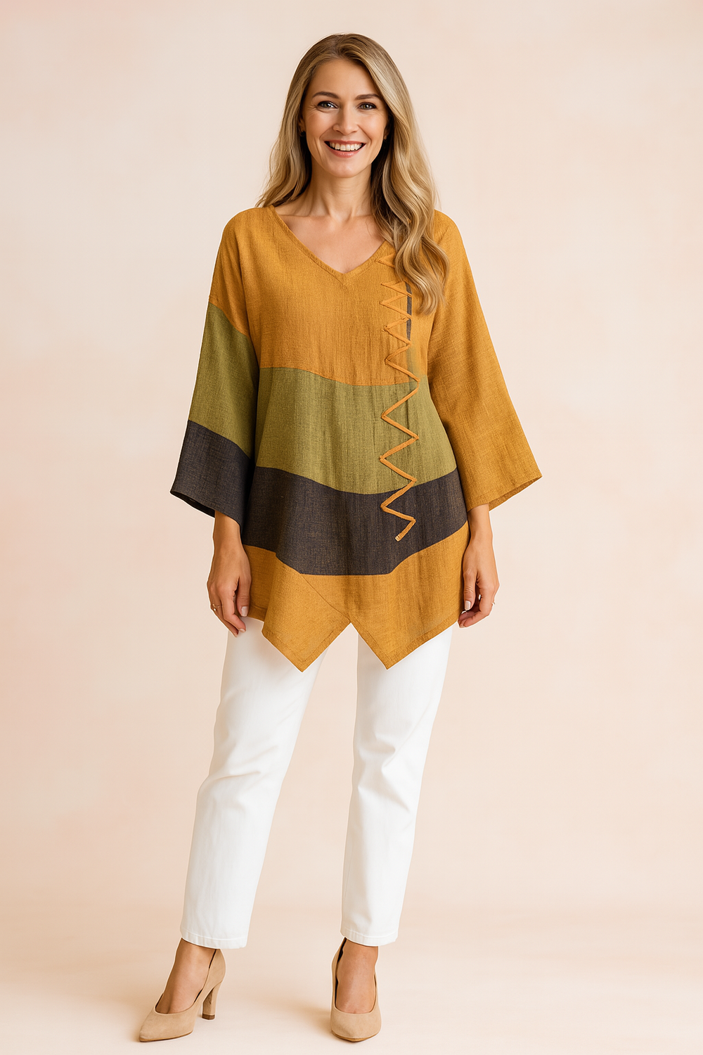 Asymmetric Women's Tunic Top with V-Neck and Decorative Detail for Casual and Semi-Formal Wear 1