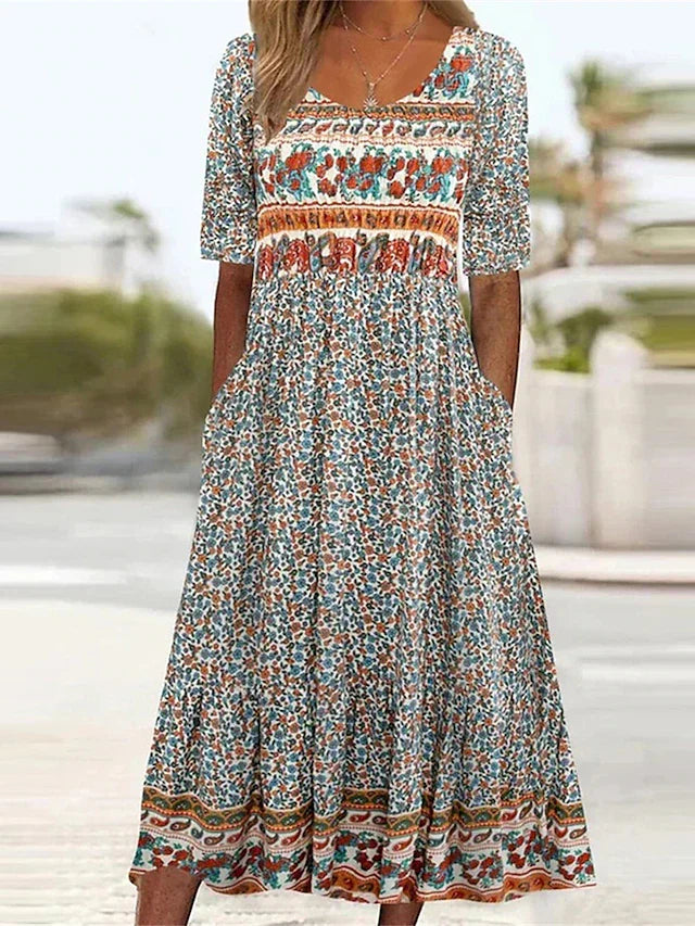 Boho Print Midi Dress for Women - Flattering Square Neckline & Tiered Skirt 0