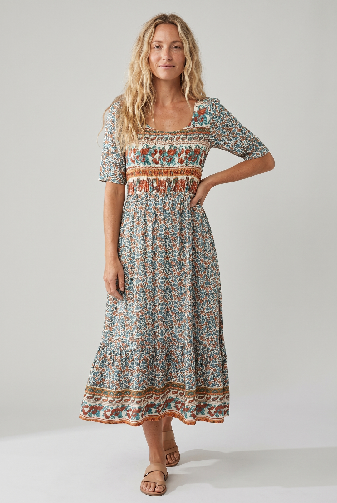 Boho Print Midi Dress for Women - Flattering Square Neckline & Tiered Skirt 1