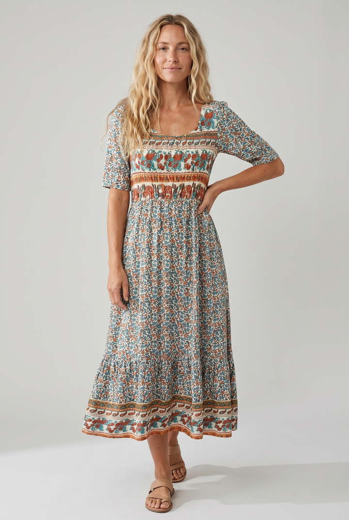 Boho Print Midi Dress for Women - Flattering Square Neckline & Tiered Skirt 1