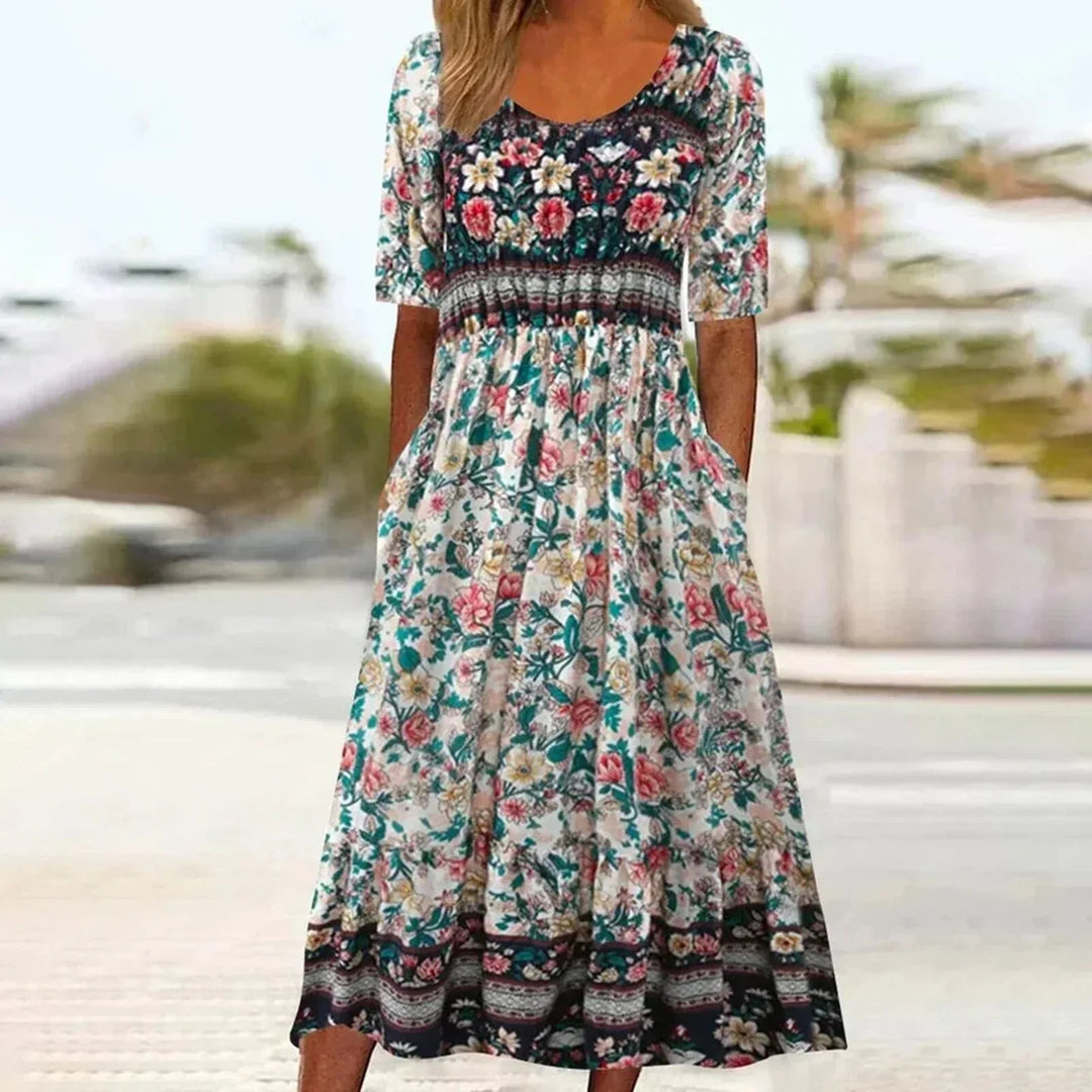 Boho Print Midi Dress for Women - Flattering Square Neckline & Tiered Skirt 10