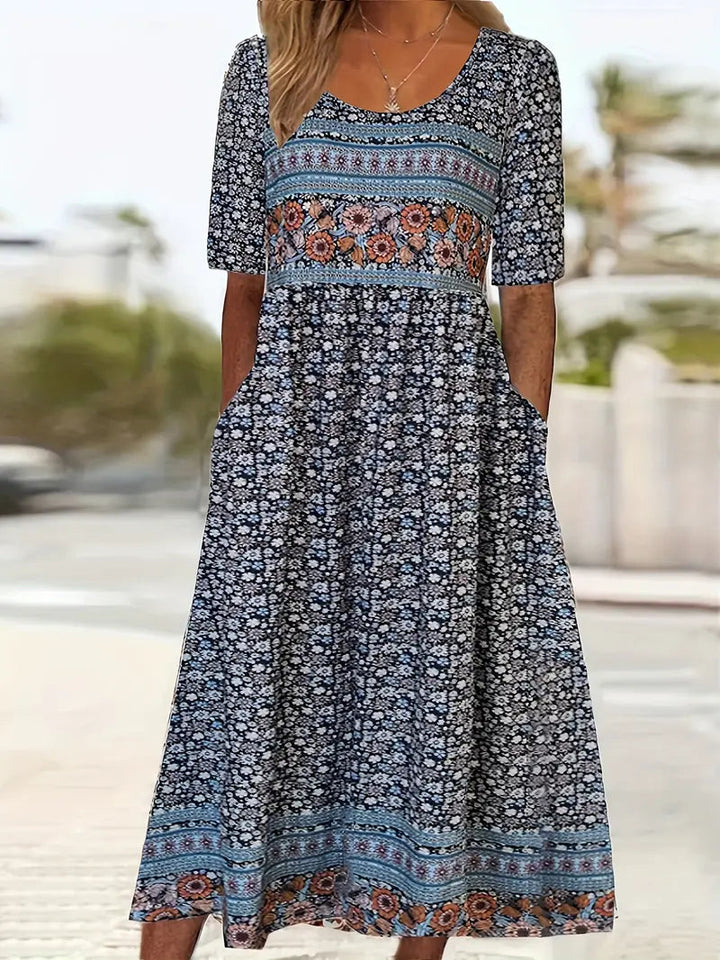Boho Print Midi Dress for Women - Flattering Square Neckline & Tiered Skirt 12