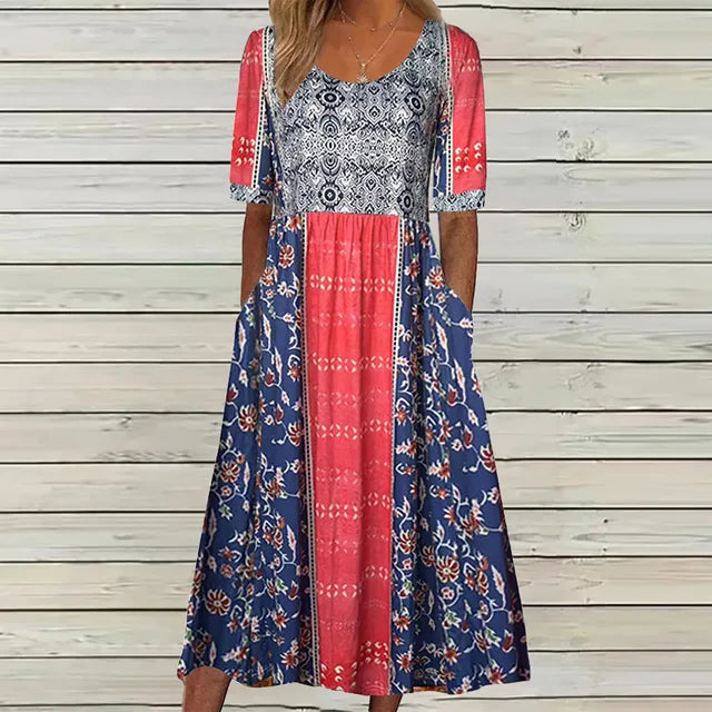 Boho Print Midi Dress for Women - Flattering Square Neckline & Tiered Skirt 13