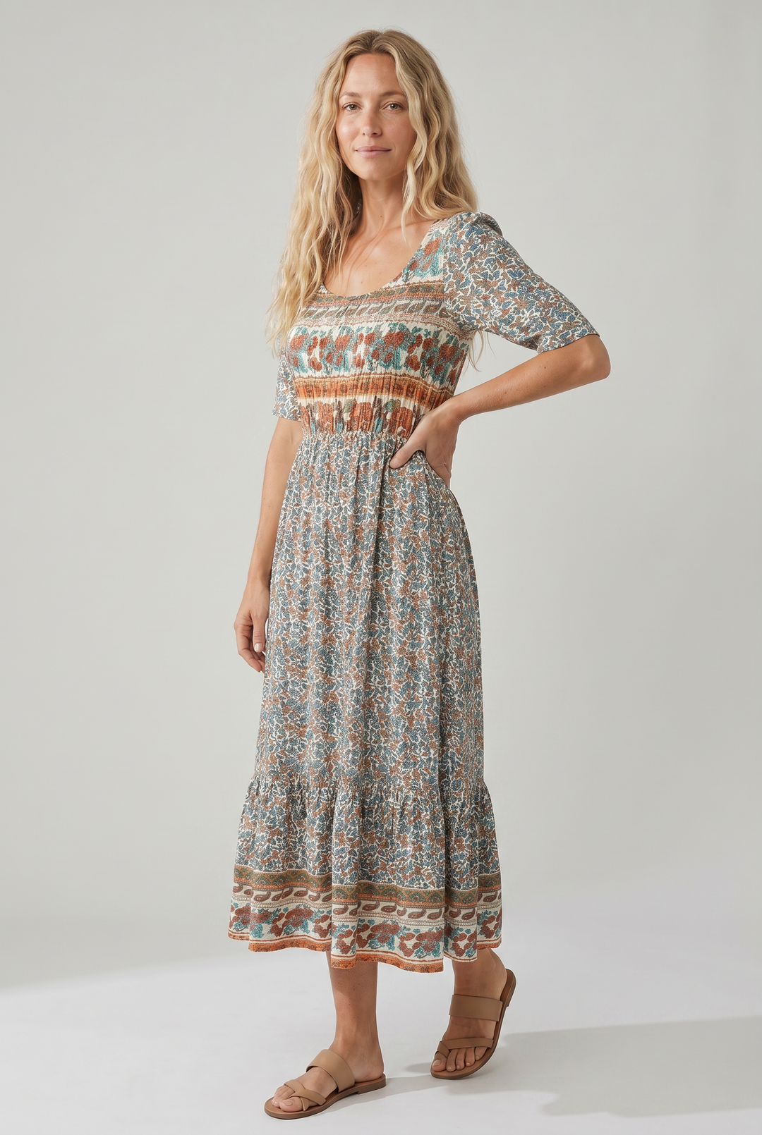 Boho Print Midi Dress for Women - Flattering Square Neckline & Tiered Skirt 2