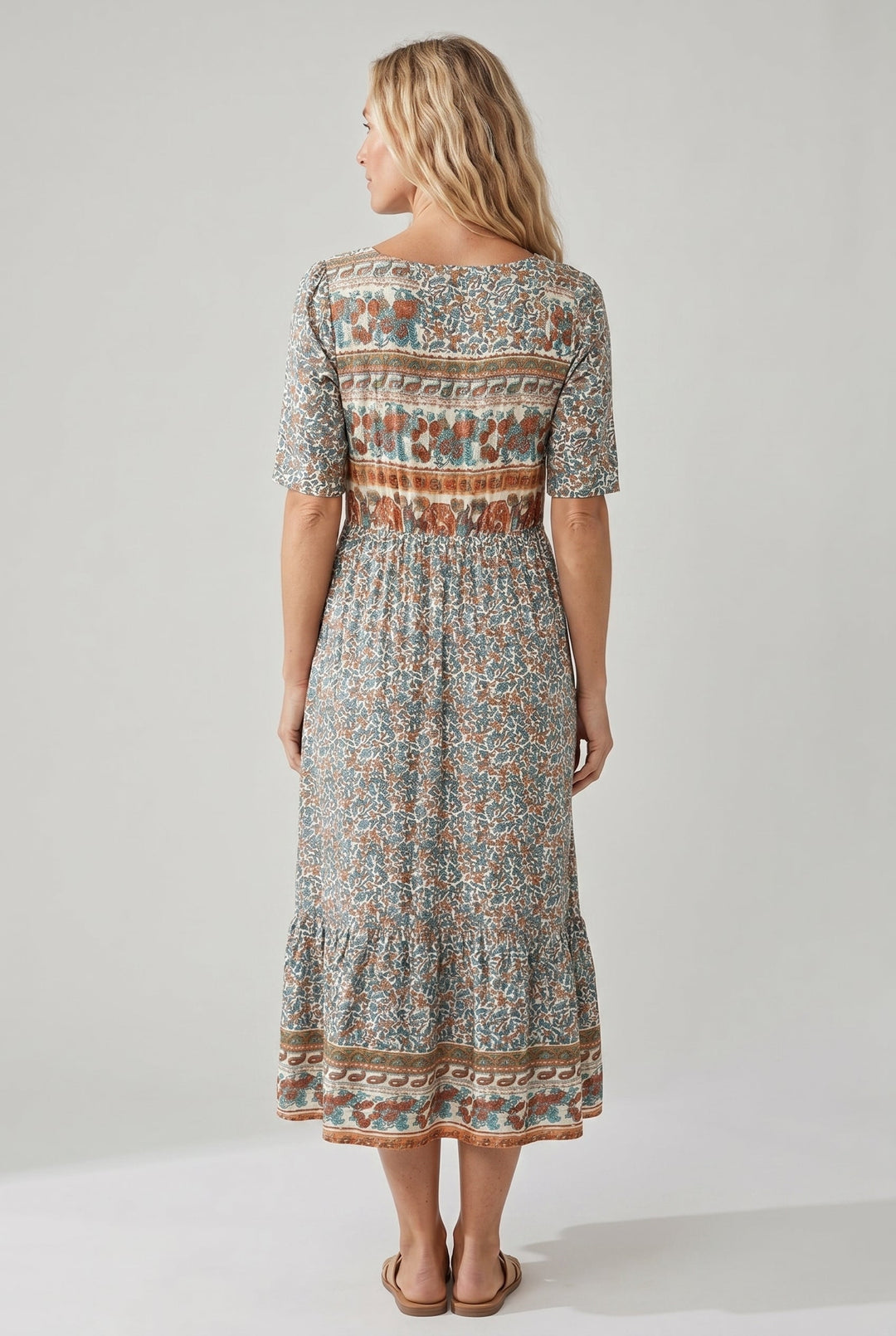 Boho Print Midi Dress for Women - Flattering Square Neckline & Tiered Skirt 3