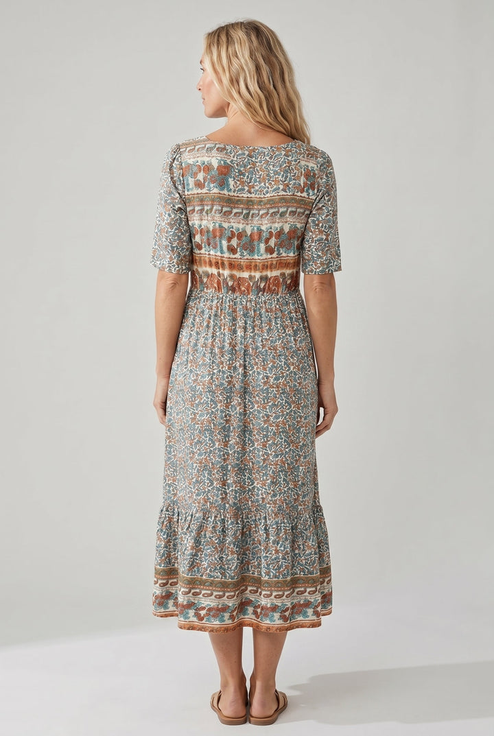 Boho Print Midi Dress for Women - Flattering Square Neckline & Tiered Skirt 3