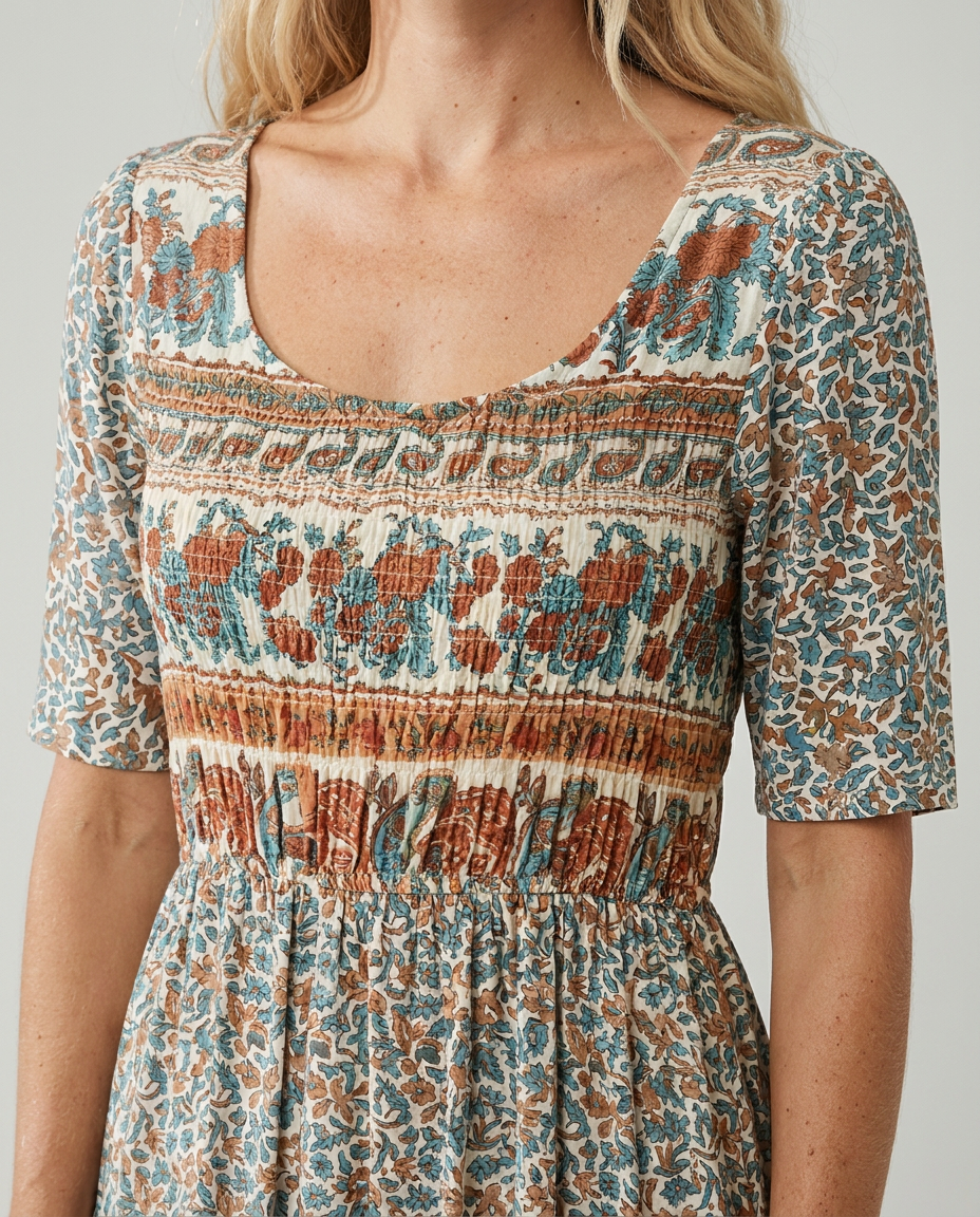 Boho Print Midi Dress for Women - Flattering Square Neckline & Tiered Skirt 4