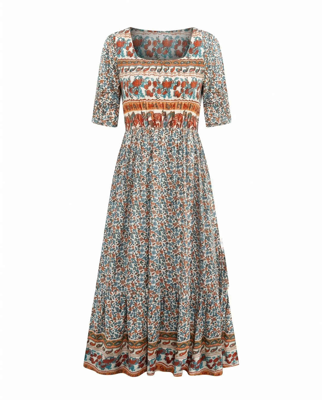 Boho Print Midi Dress for Women - Flattering Square Neckline & Tiered Skirt 5