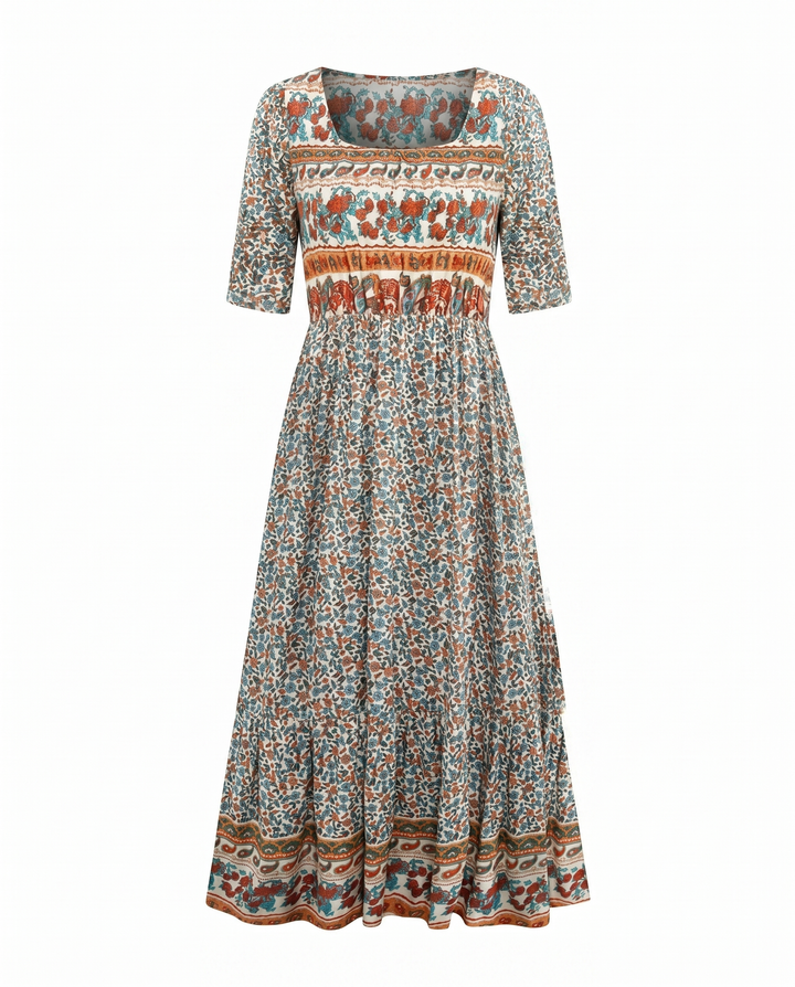 Boho Print Midi Dress for Women - Flattering Square Neckline & Tiered Skirt 5