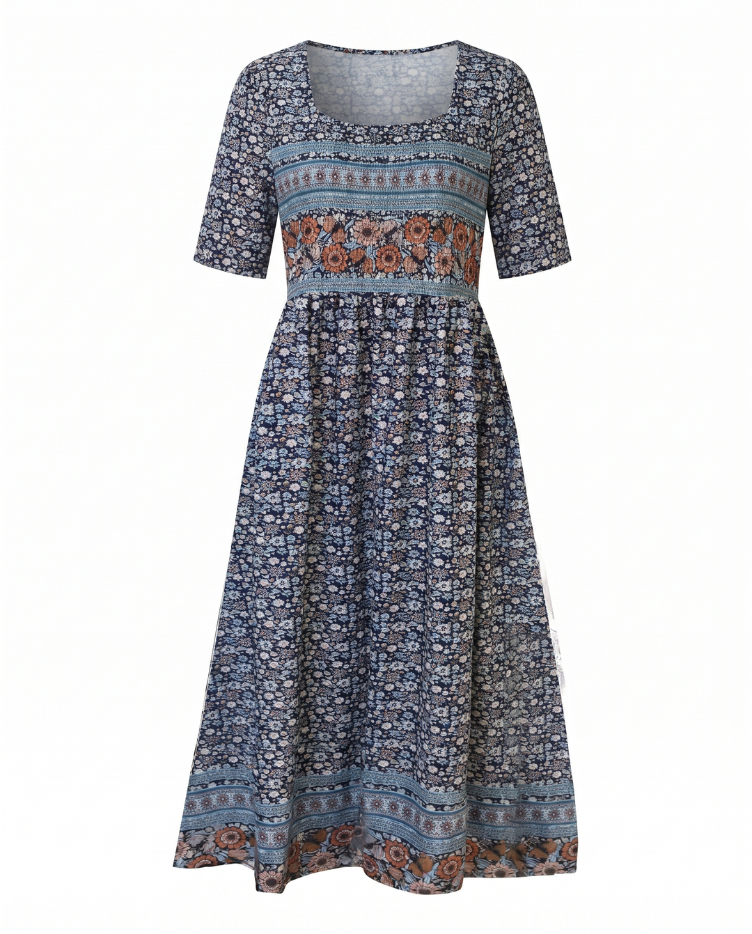 Boho Print Midi Dress for Women - Flattering Square Neckline & Tiered Skirt 6