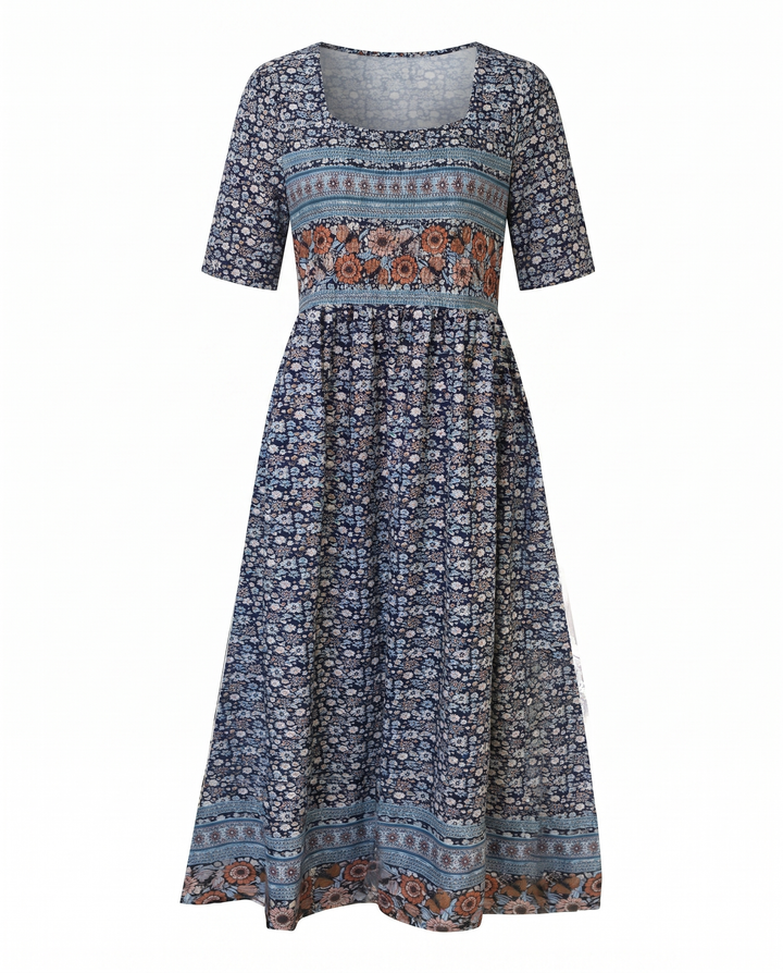 Boho Print Midi Dress for Women - Flattering Square Neckline & Tiered Skirt 6
