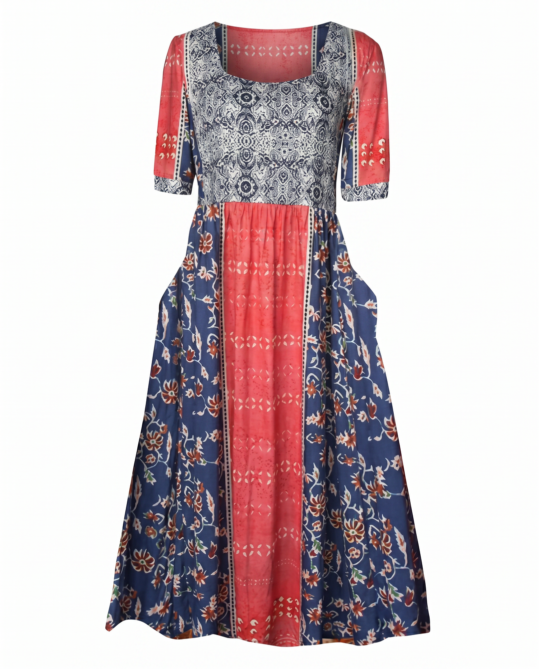 Boho Print Midi Dress for Women - Flattering Square Neckline & Tiered Skirt 8