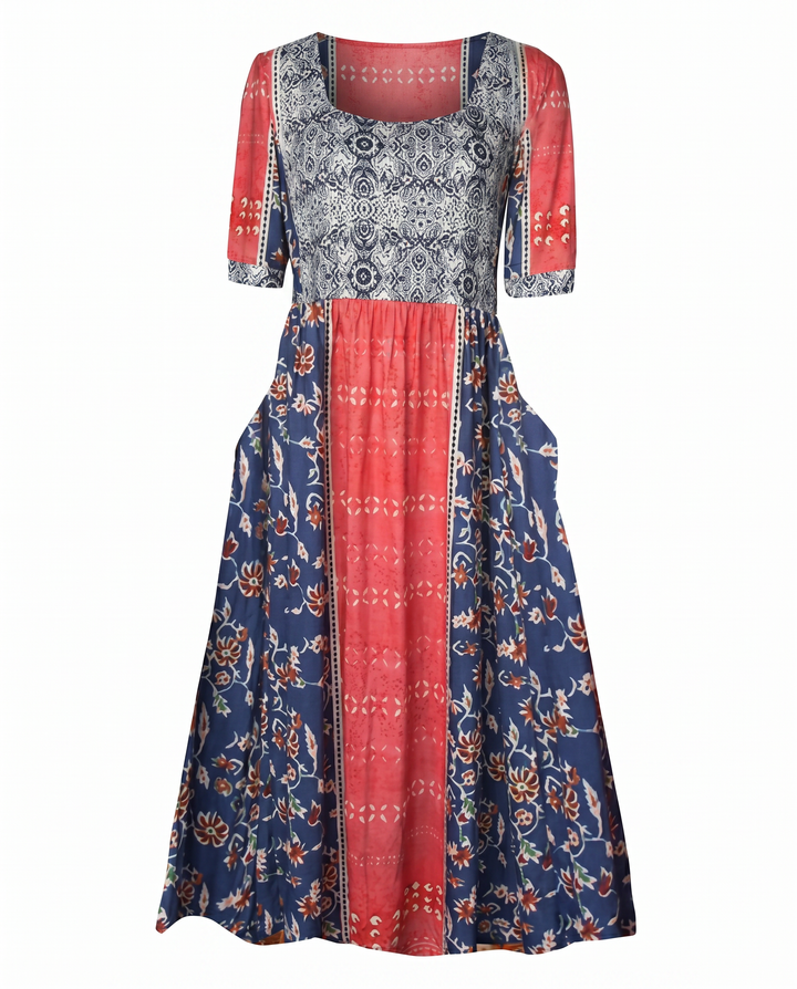 Boho Print Midi Dress for Women - Flattering Square Neckline & Tiered Skirt 8