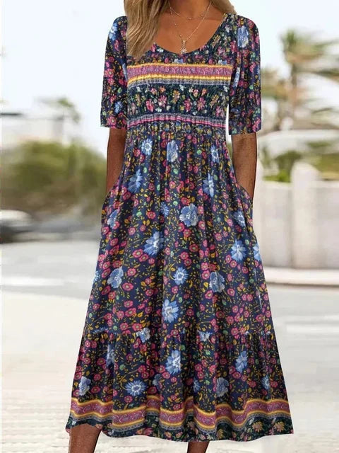 Boho Print Midi Dress for Women - Flattering Square Neckline & Tiered Skirt 9