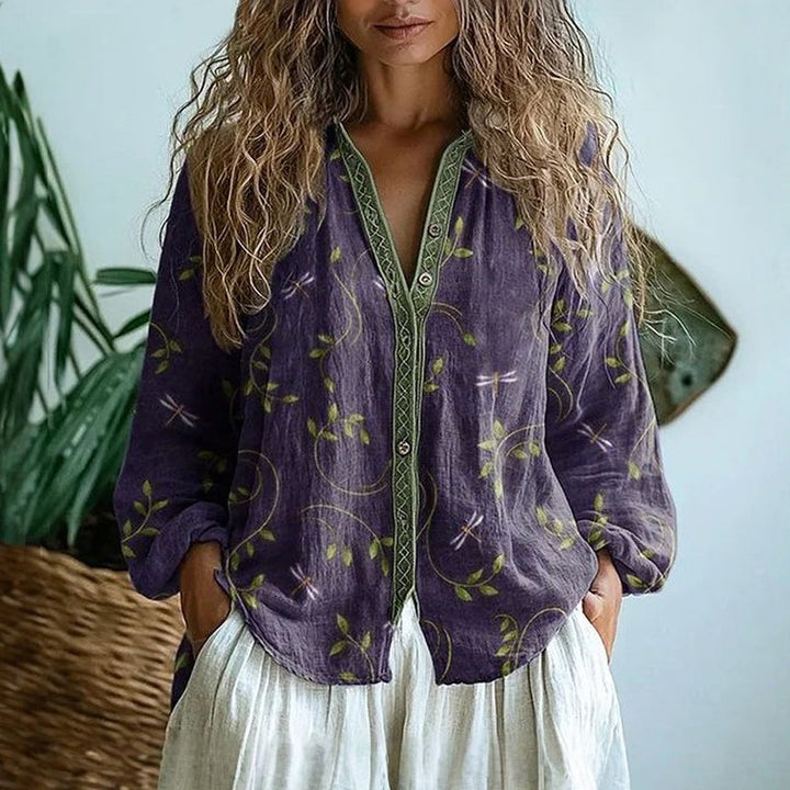 Boho Printed V-Neck Blouse for Women - Long Sleeve & Relaxed Fit 0