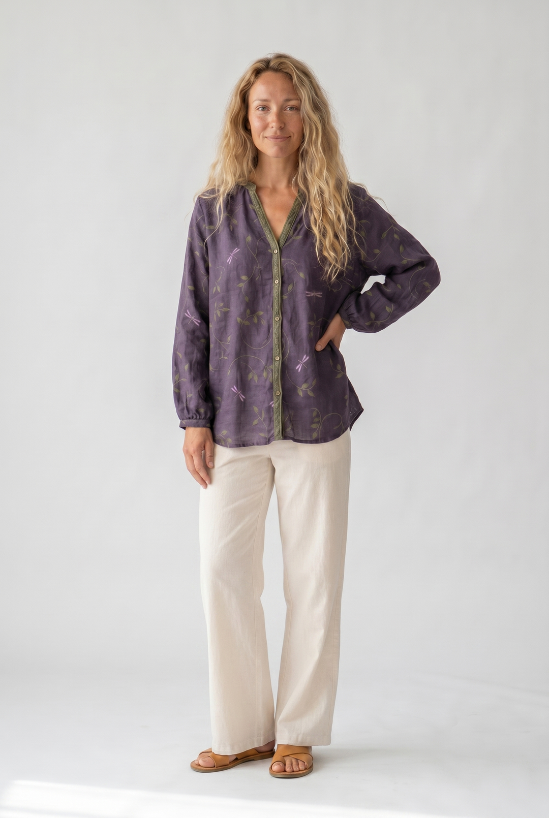 Boho Printed V-Neck Blouse for Women - Long Sleeve & Relaxed Fit 1
