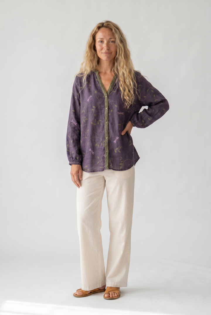 Boho Printed V-Neck Blouse for Women - Long Sleeve & Relaxed Fit 1