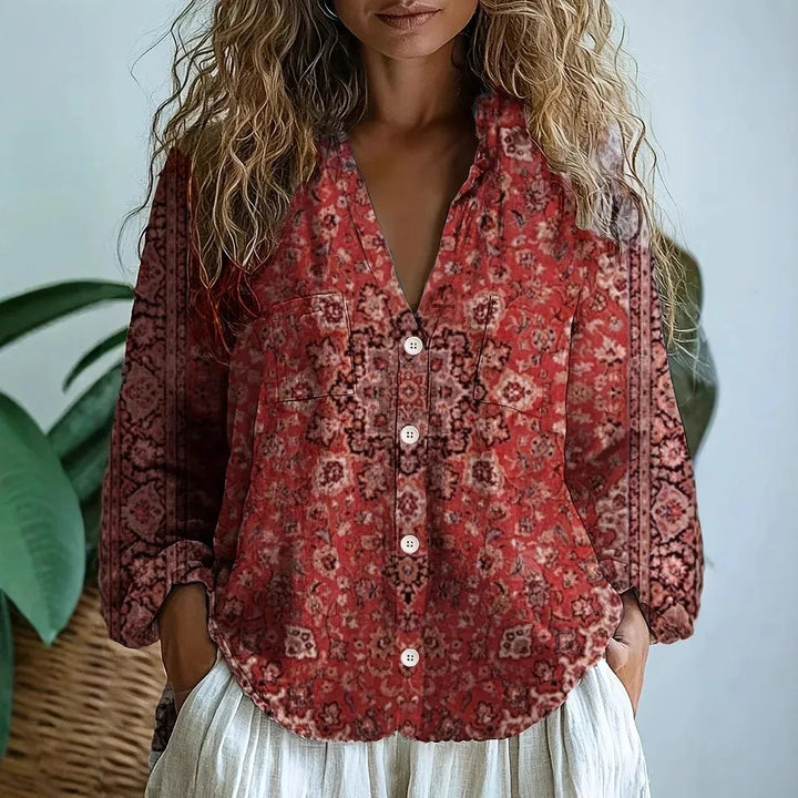 Boho Printed V-Neck Blouse for Women - Long Sleeve & Relaxed Fit 10