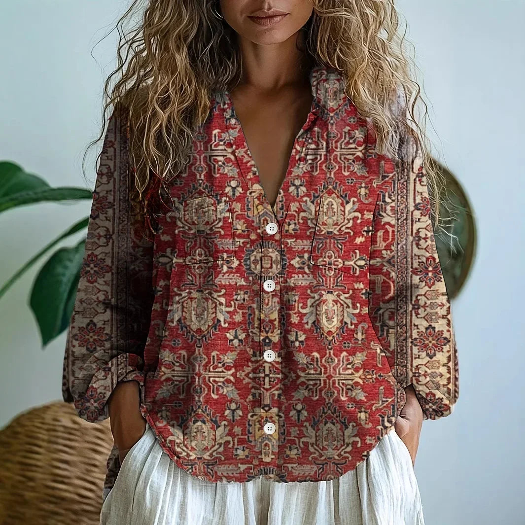 Boho Printed V-Neck Blouse for Women - Long Sleeve & Relaxed Fit 11