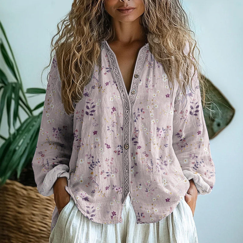 Boho Printed V-Neck Blouse for Women - Long Sleeve & Relaxed Fit 5
