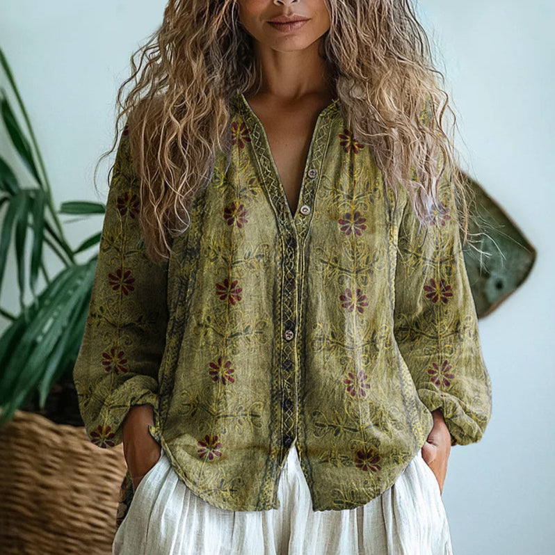 Boho Printed V-Neck Blouse for Women - Long Sleeve & Relaxed Fit 6