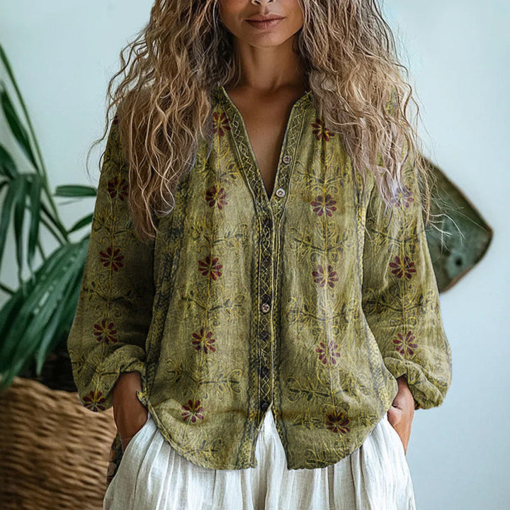 Boho Printed V-Neck Blouse for Women - Long Sleeve & Relaxed Fit 6