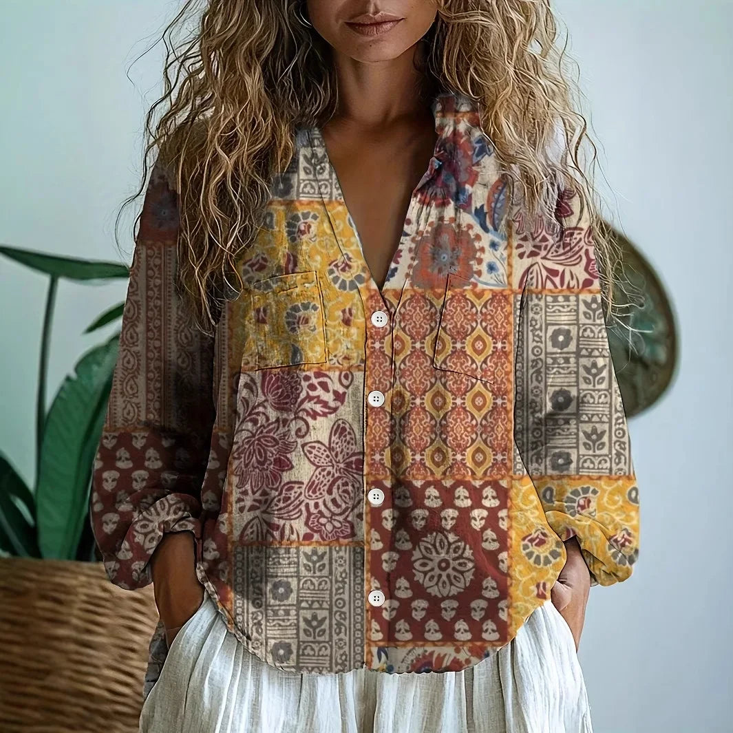 Boho Printed V-Neck Blouse for Women - Long Sleeve & Relaxed Fit 9