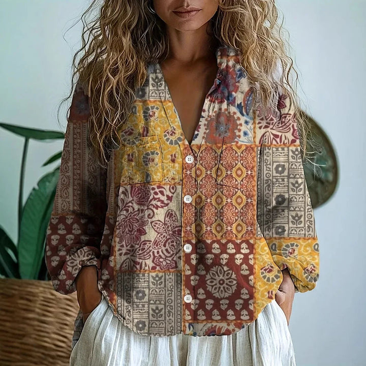 Boho Printed V-Neck Blouse for Women - Long Sleeve & Relaxed Fit 9