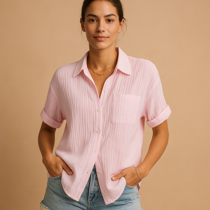 Casual Short Sleeve Shirt with Chest Pocket for Women 4