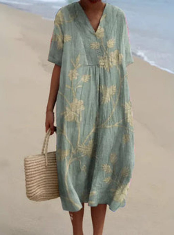 Charlotte | Women's Fish Pattern Linen Dress V-Neck Short Sleeve Summer Dress 3