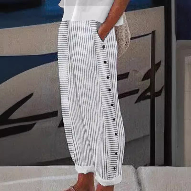 Chic Striped Button-Accent Pants for Effortless Style and Comfort 0