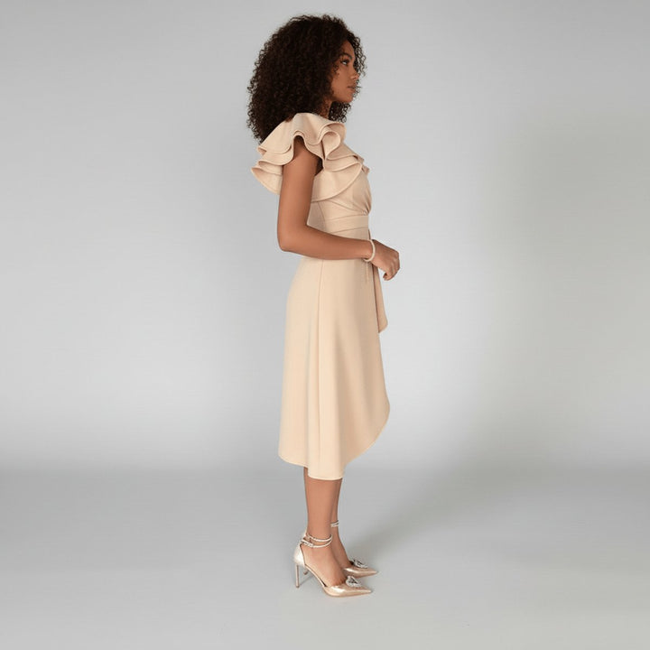 Clara | Elegant mother-of-the-bride dress with ruffled sleeves, wrap style 1