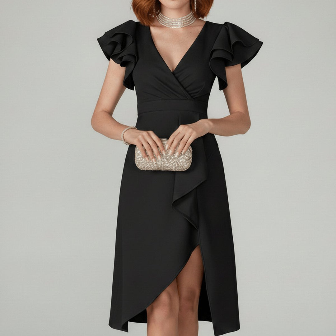 Clara | Elegant mother-of-the-bride dress with ruffled sleeves, wrap style 3