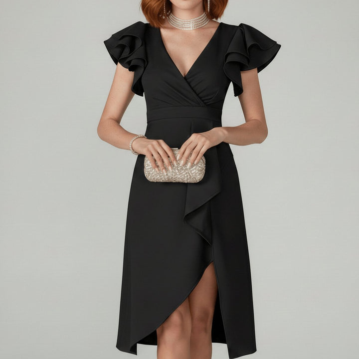 Clara | Elegant mother-of-the-bride dress with ruffled sleeves, wrap style 3