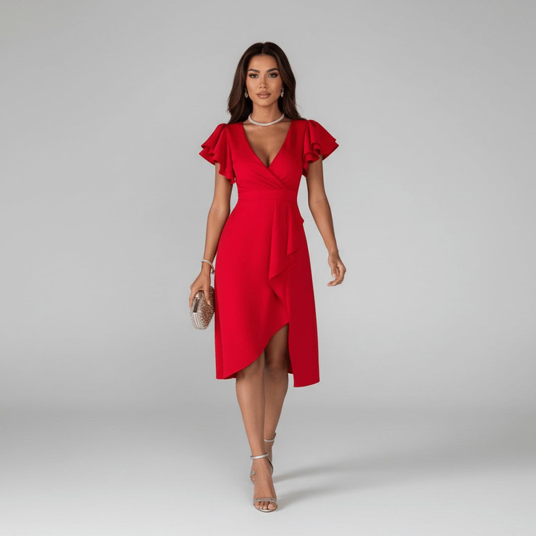 Clara | Elegant mother-of-the-bride dress with ruffled sleeves, wrap style 6