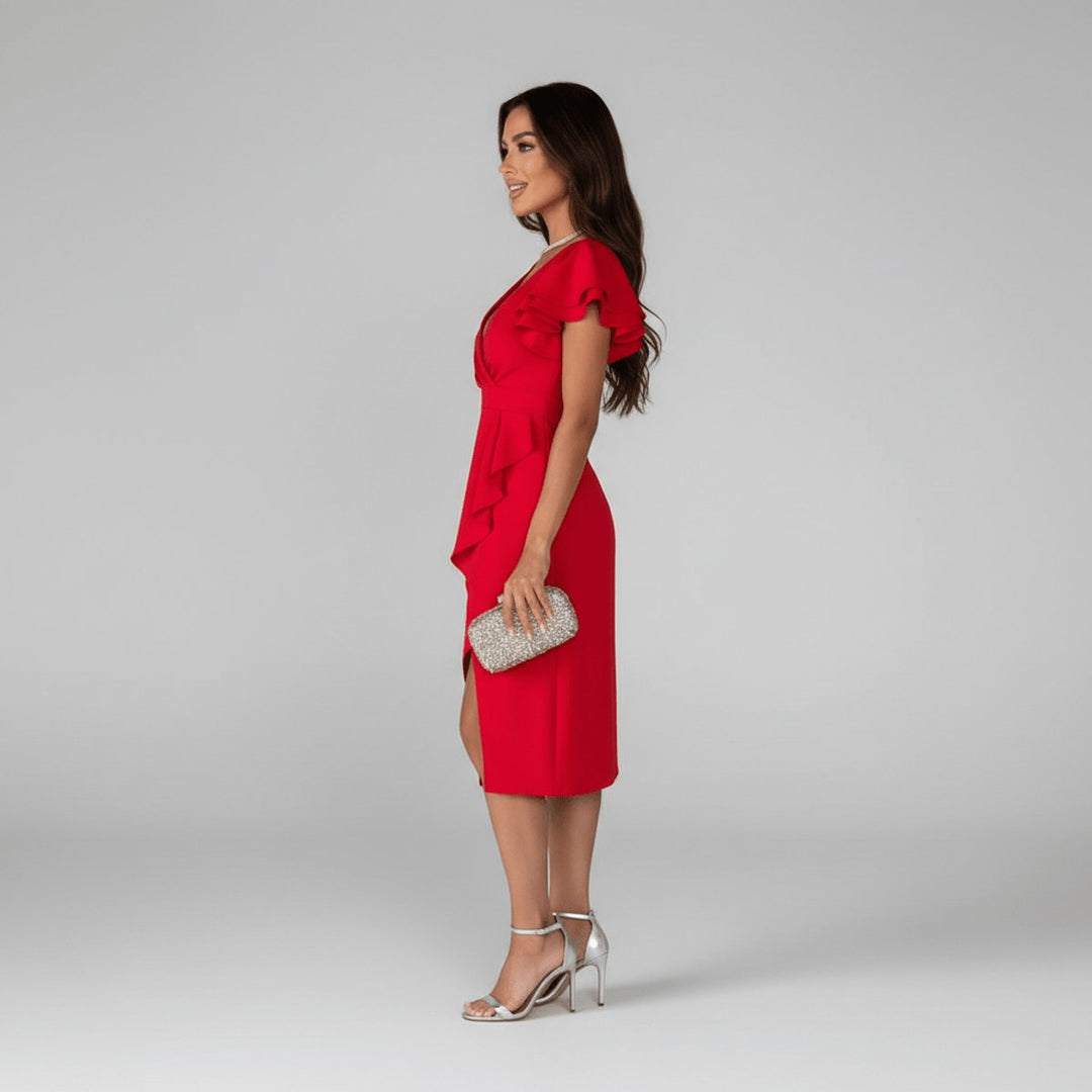Clara | Elegant mother-of-the-bride dress with ruffled sleeves, wrap style 7